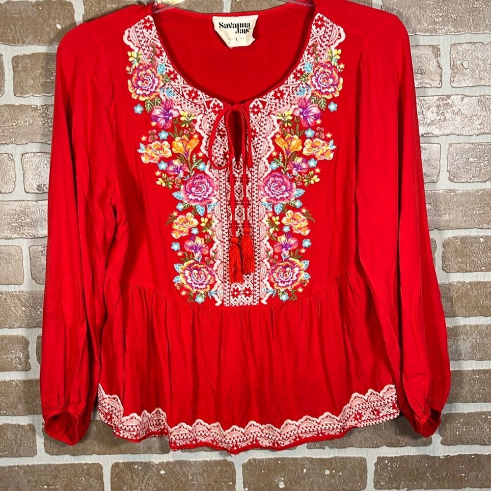 Savannah Jane Embroidered Top Large Red